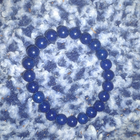 Lapis Lazuli Beaded Stretch Bracelet; Unisex Gemstone Bead Bracelet - Picture 5 of 6